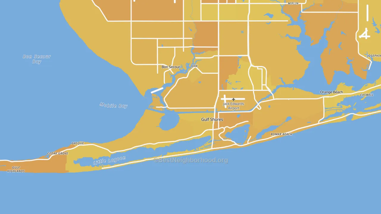 Map of the best neighborhoods in the Gulf Shores area, with better matches in green and worse matches in red