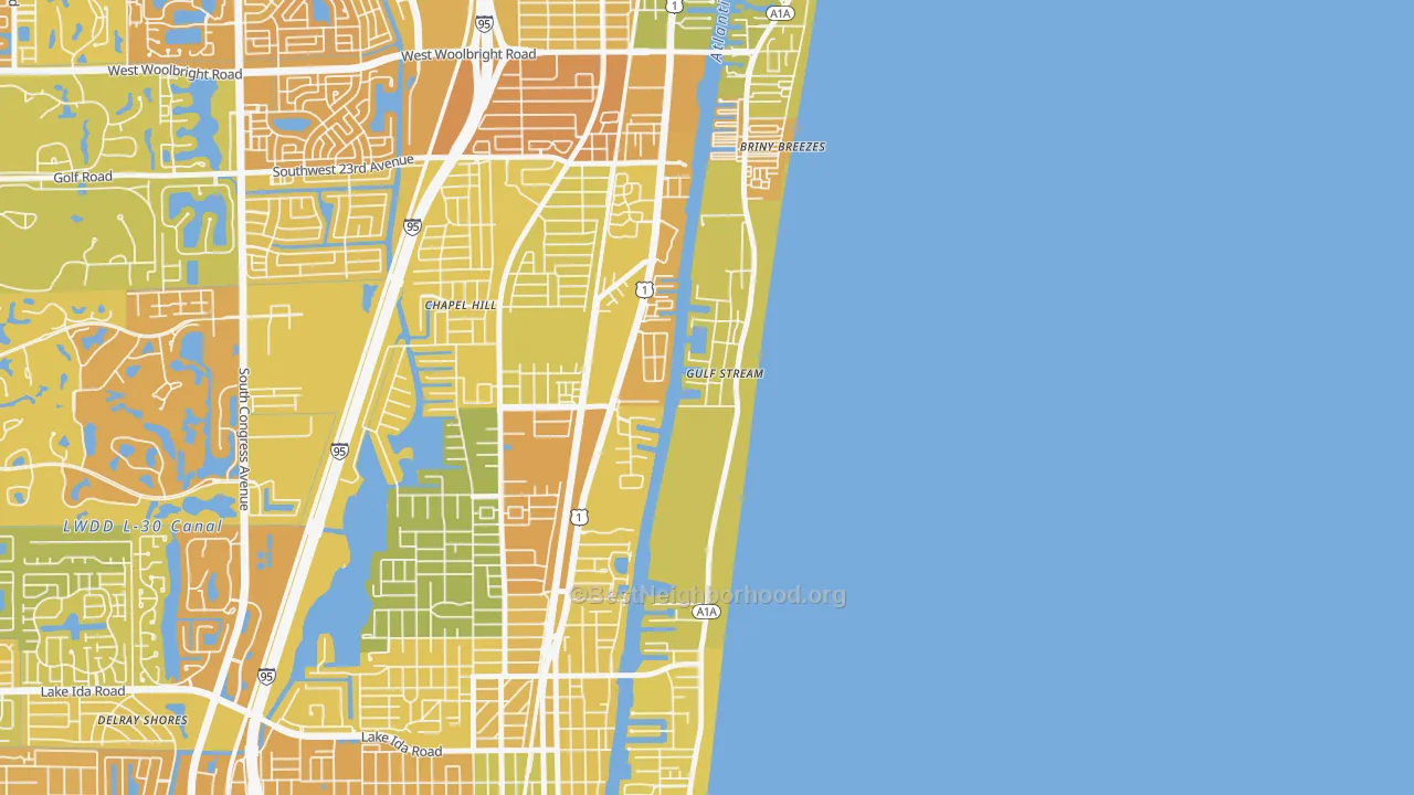 Map of the best neighborhoods in the Gulf Stream area, with better matches in green and worse matches in red