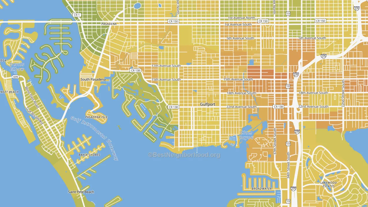 Map of the best neighborhoods in the Gulfport area, with better matches in green and worse matches in red