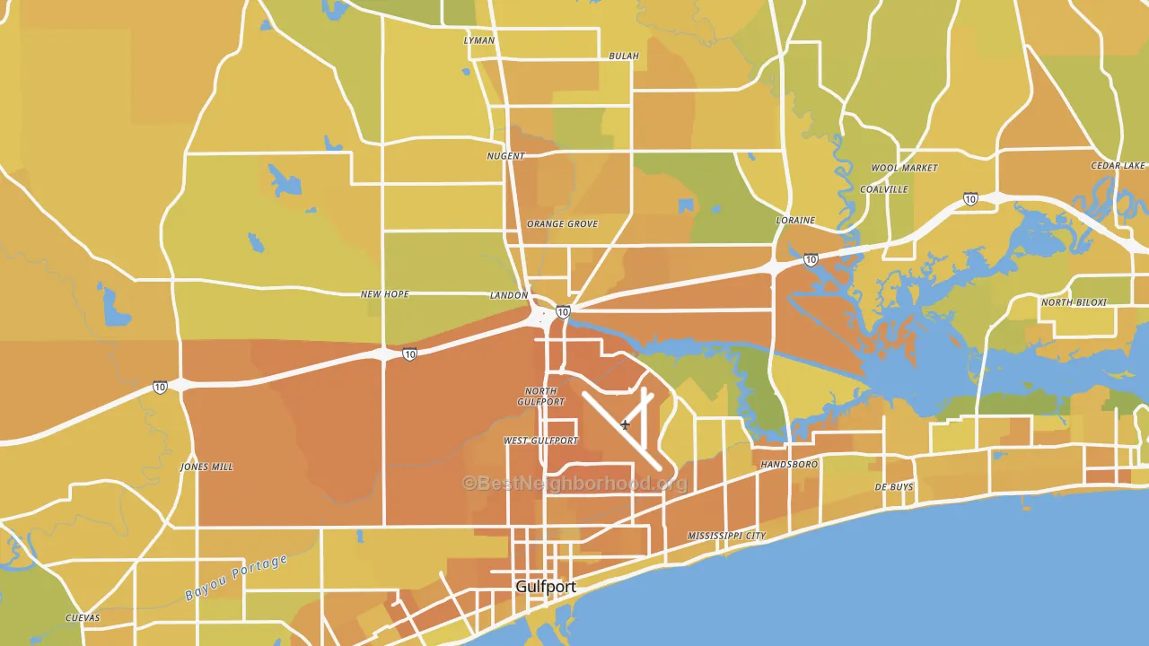 Map of the best neighborhoods in the Gulfport Metro area, with better matches in green and worse matches in red