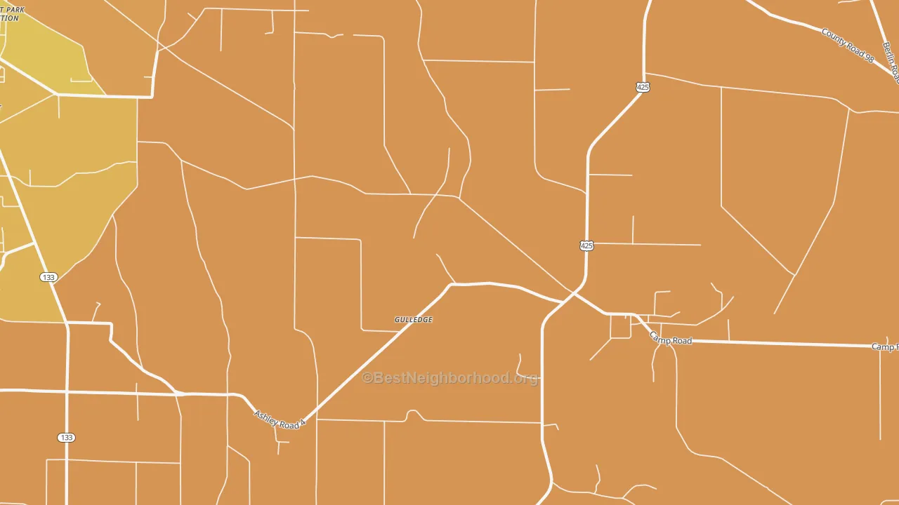 Map of the best neighborhoods in the Gulledge area, with better matches in green and worse matches in red