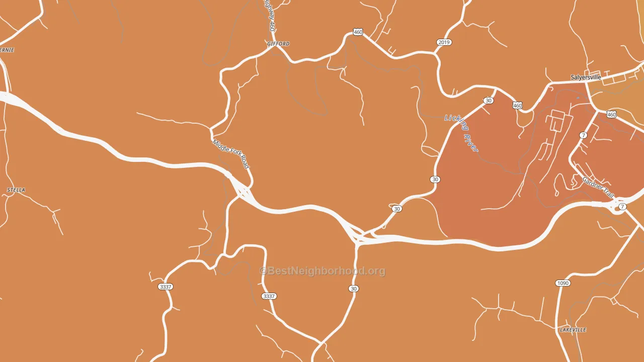 Map of the best neighborhoods in the Gullett area, with better matches in green and worse matches in red