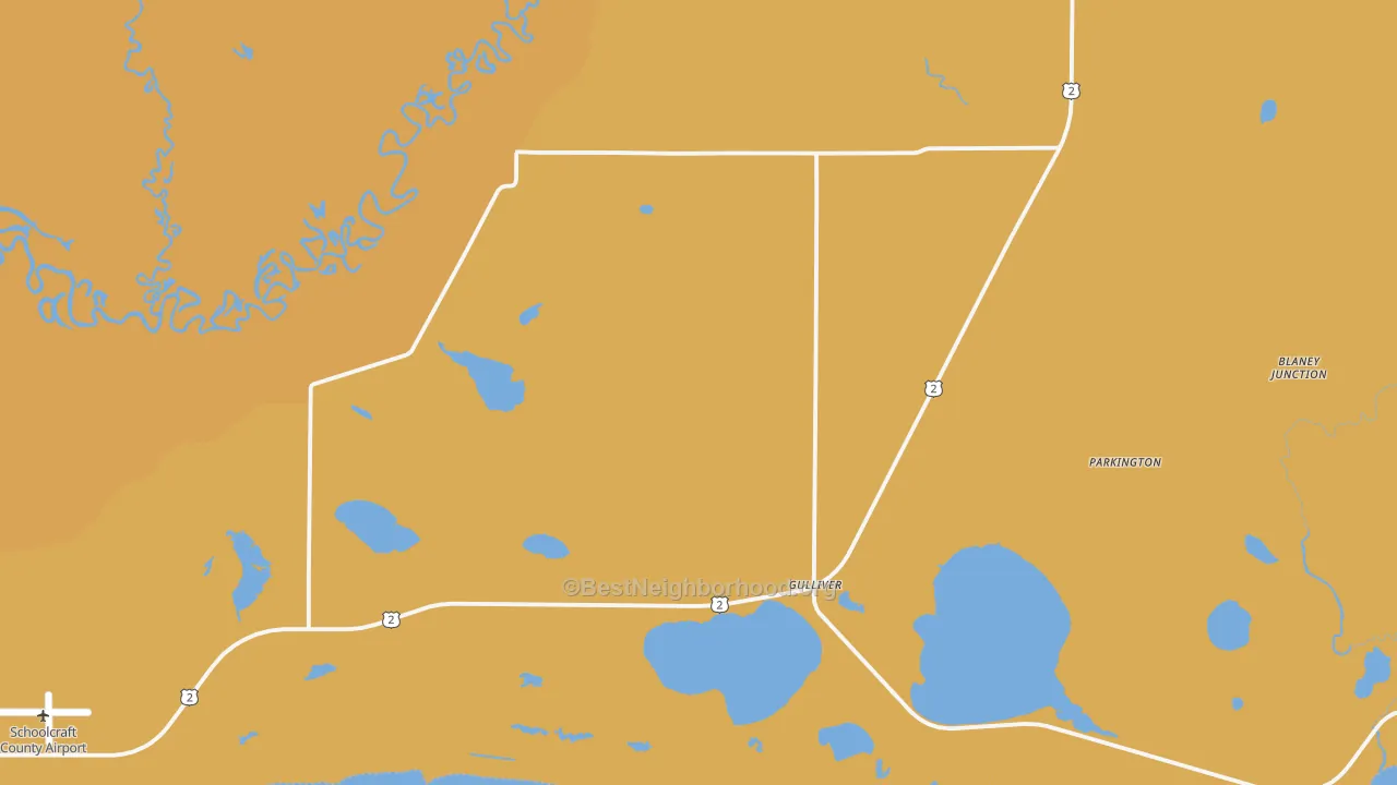 Map of the best neighborhoods in the Gulliver area, with better matches in green and worse matches in red
