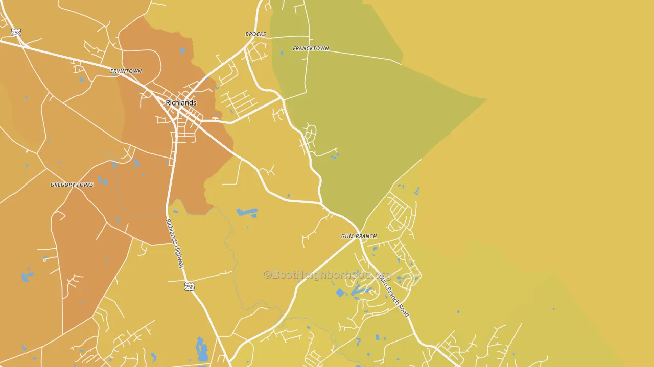 Map of the best neighborhoods in the Gum Branch area, with better matches in green and worse matches in red