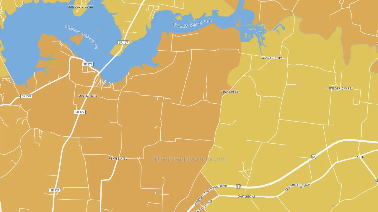 Map of the best neighborhoods in the Gum Creek area, with better matches in green and worse matches in red