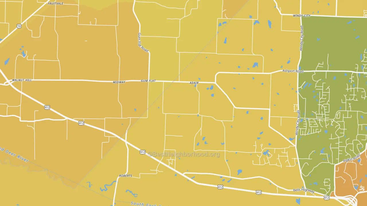 Map of the best neighborhoods in the Gum Flat area, with better matches in green and worse matches in red