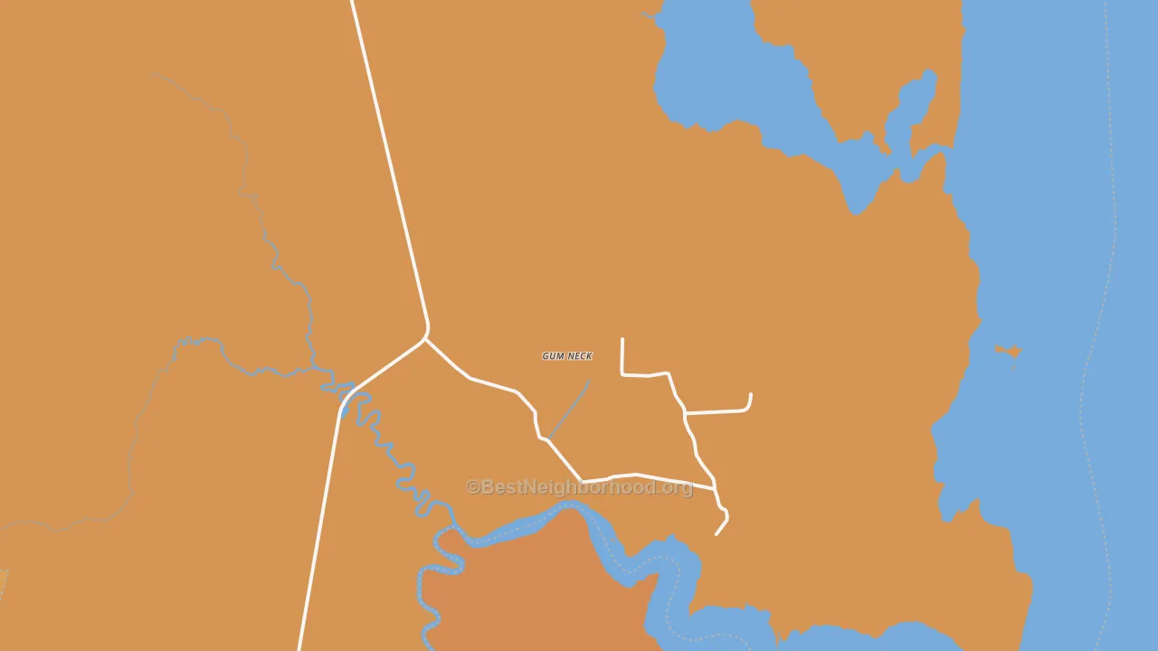Map of the best neighborhoods in the Gum Neck area, with better matches in green and worse matches in red