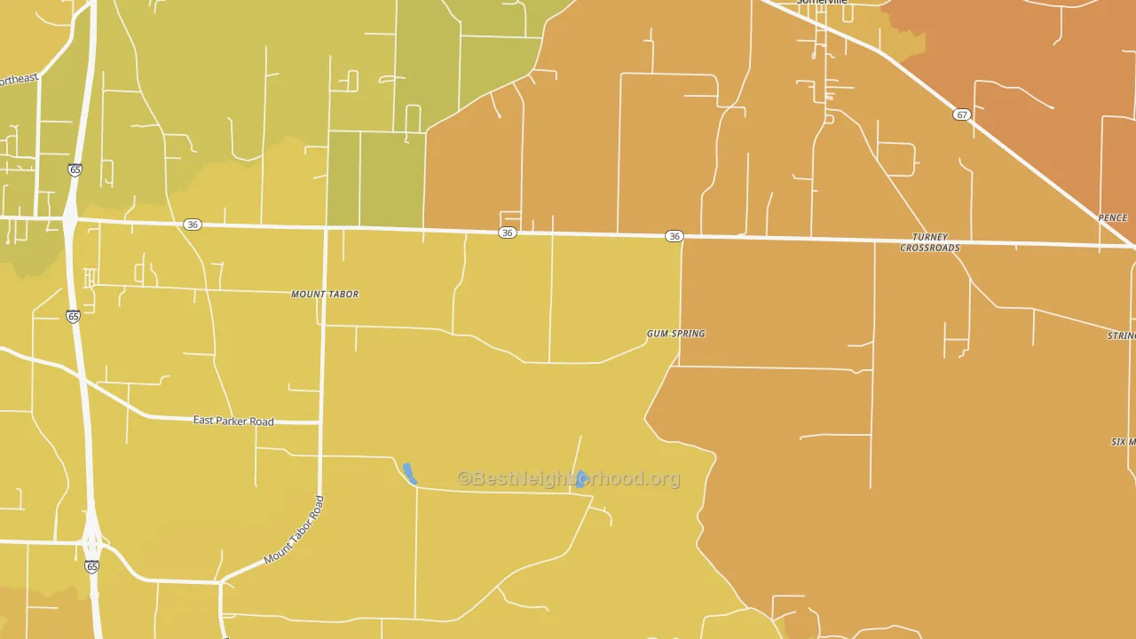 Map of the best neighborhoods in the Gum Spring area, with better matches in green and worse matches in red