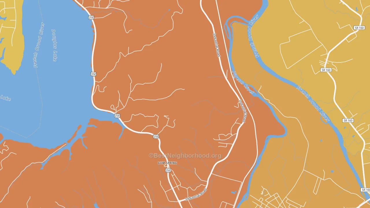 Map of the best neighborhoods in the Gum Spring area, with better matches in green and worse matches in red