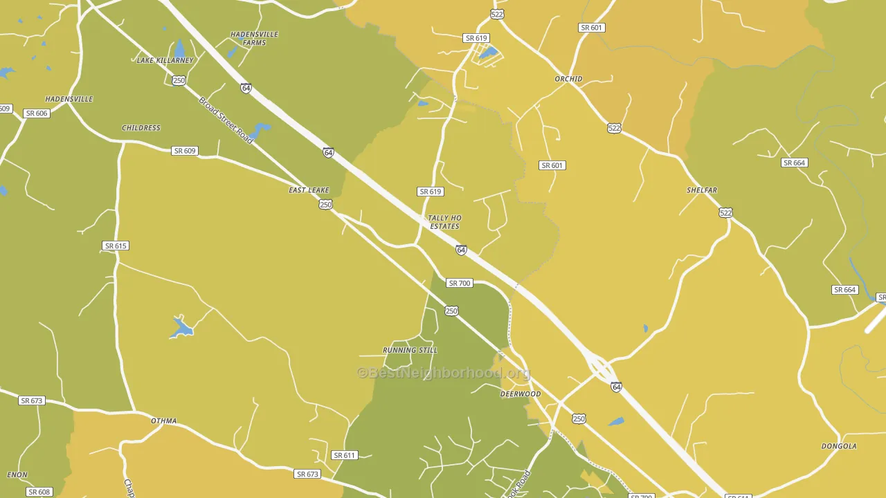 Map of the best neighborhoods in the Gum Spring area, with better matches in green and worse matches in red