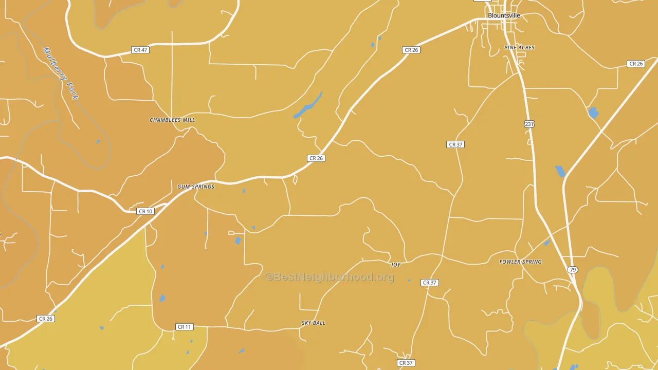 Map of the best neighborhoods in the Gum Springs area, with better matches in green and worse matches in red