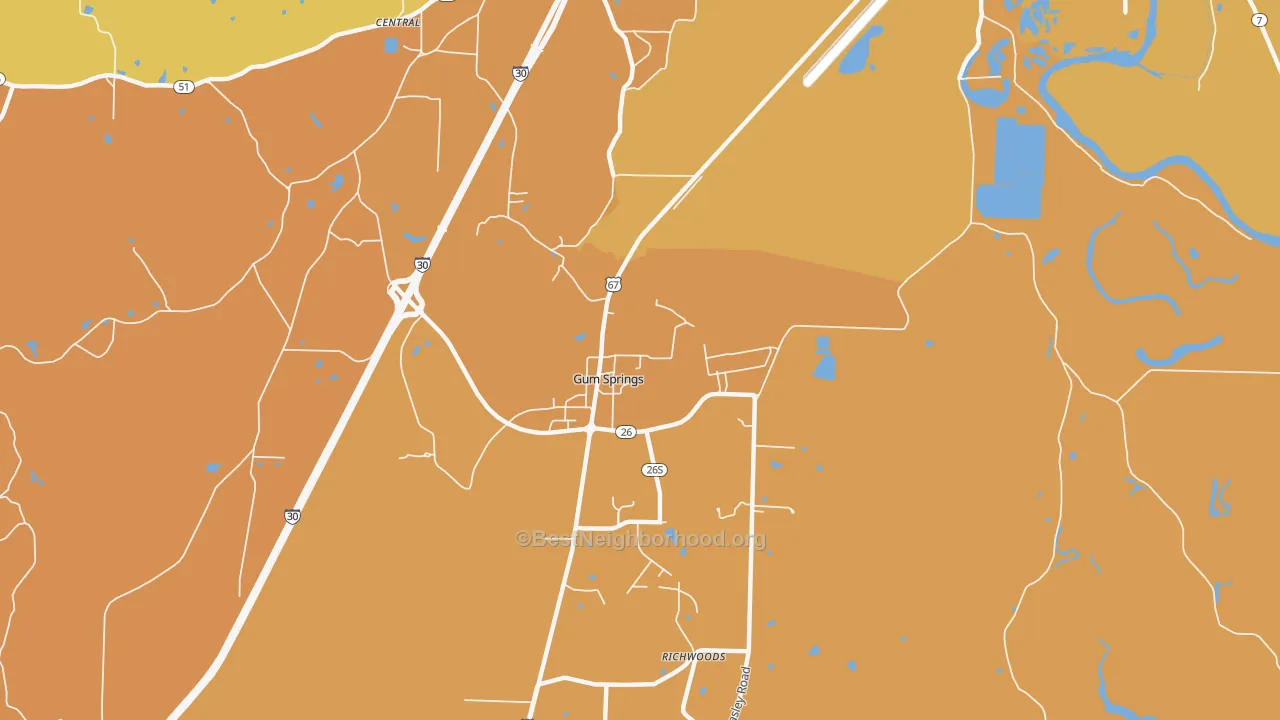 Map of the best neighborhoods in the Gum Springs area, with better matches in green and worse matches in red