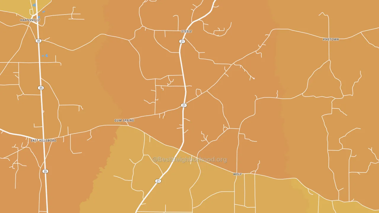 Map of the best neighborhoods in the Gum Springs area, with better matches in green and worse matches in red