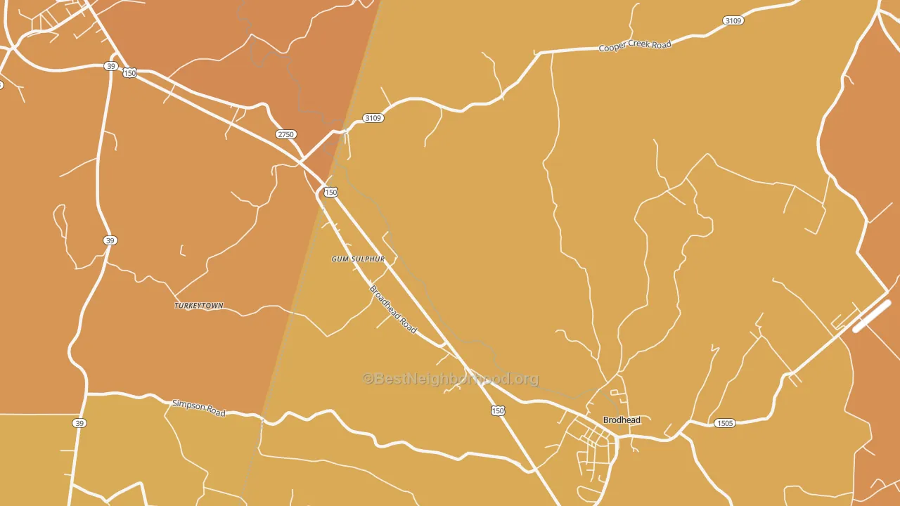 Map of the best neighborhoods in the Gum Sulphur area, with better matches in green and worse matches in red