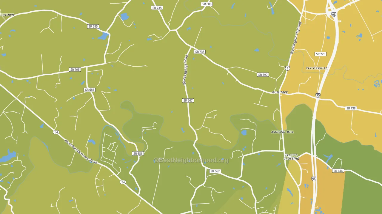 Map of the best neighborhoods in the Gum Tree area, with better matches in green and worse matches in red