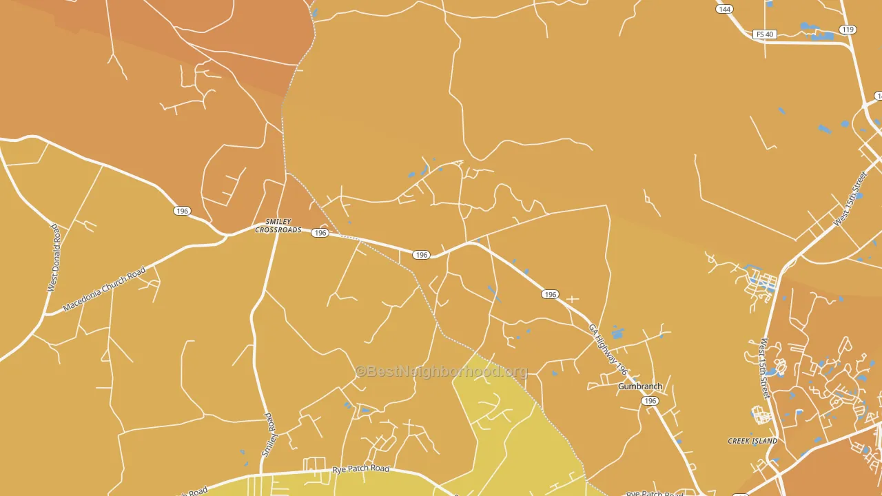 Map of the best neighborhoods in the Gumbranch area, with better matches in green and worse matches in red