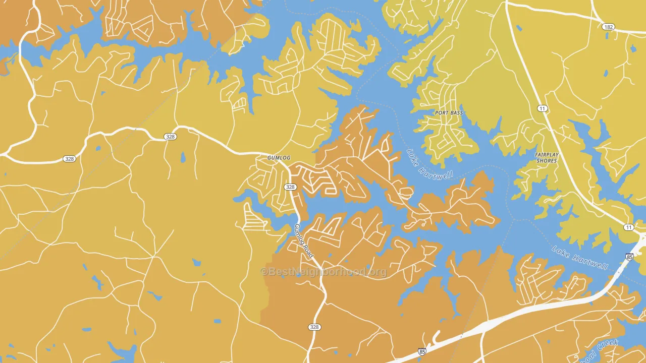 Map of the best neighborhoods in the Gumlog area, with better matches in green and worse matches in red