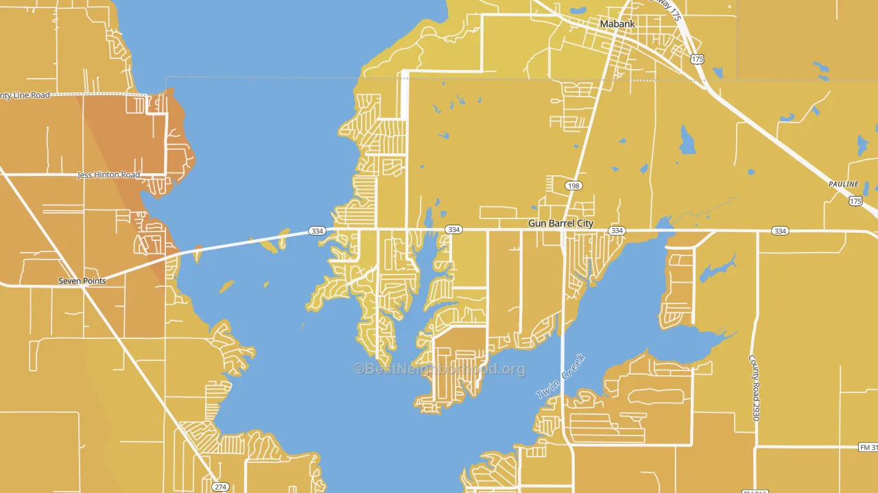Map of the best neighborhoods in the Gun Barrel City area, with better matches in green and worse matches in red