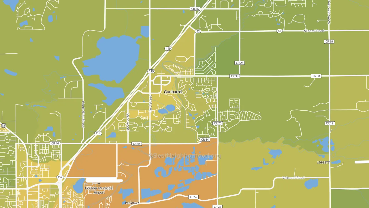 Map of the best neighborhoods in the Gunbarrel area, with better matches in green and worse matches in red