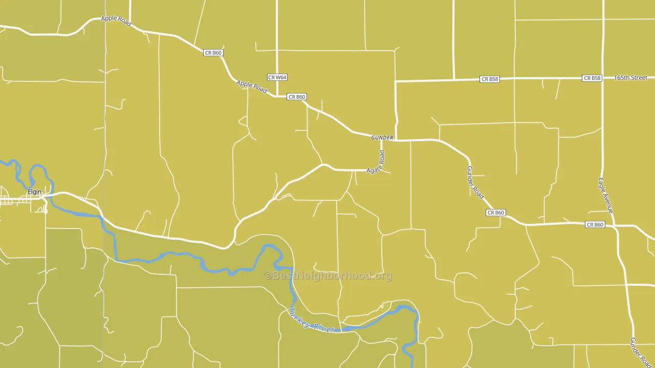 Map of the best neighborhoods in the Gunder area, with better matches in green and worse matches in red