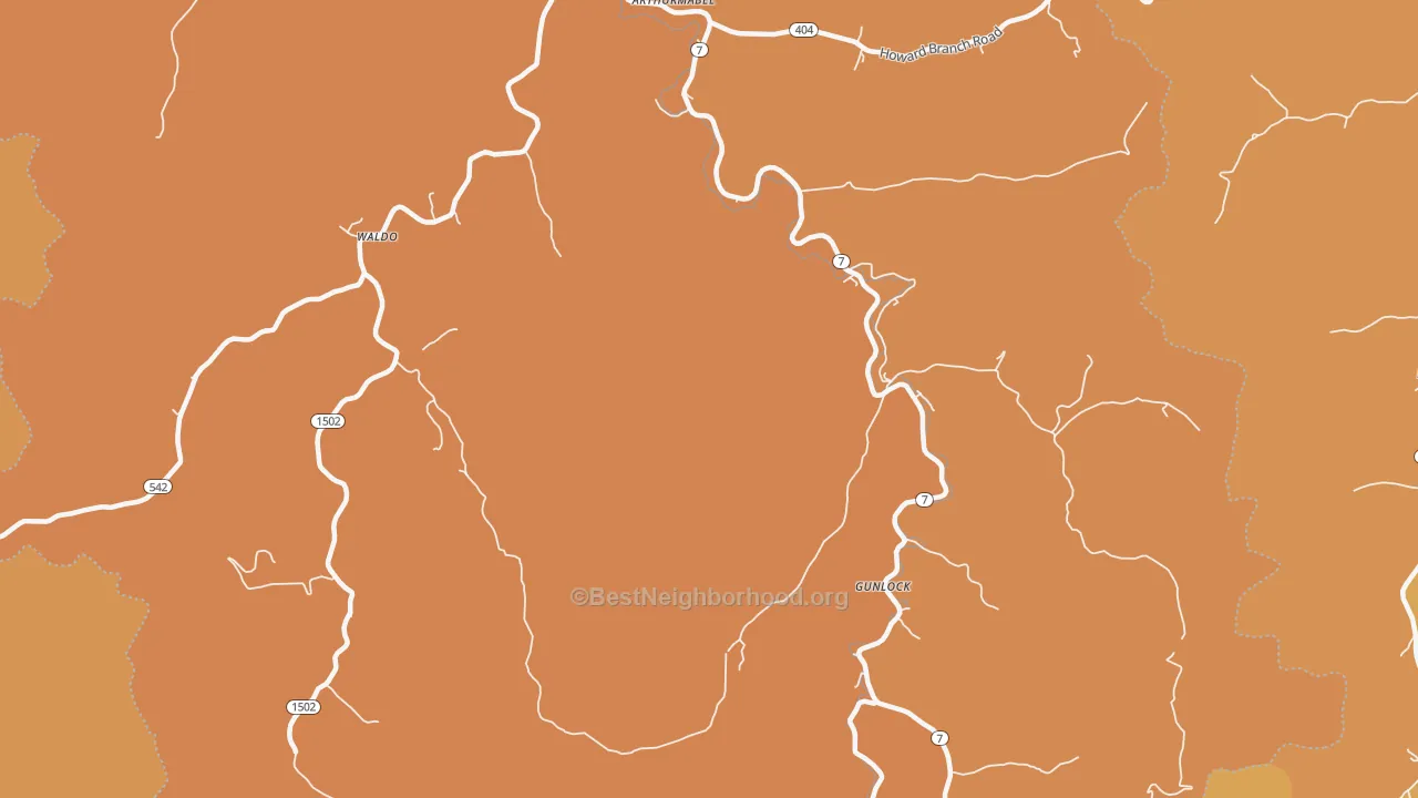 Map of the best neighborhoods in the Gunlock area, with better matches in green and worse matches in red