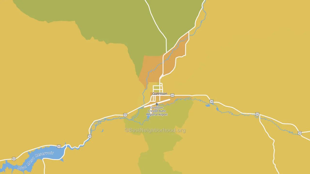 Map of the best neighborhoods in the Gunnison area, with better matches in green and worse matches in red