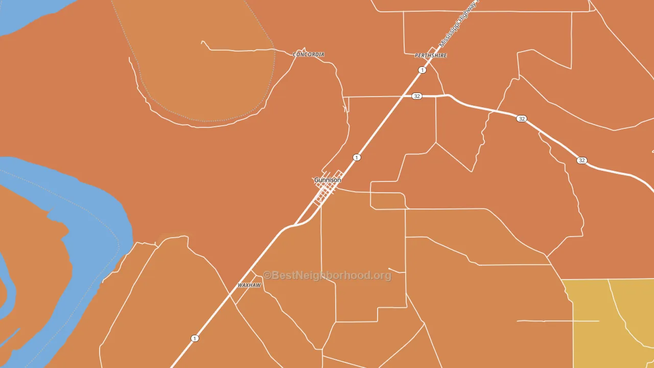 Map of the best neighborhoods in the Gunnison area, with better matches in green and worse matches in red