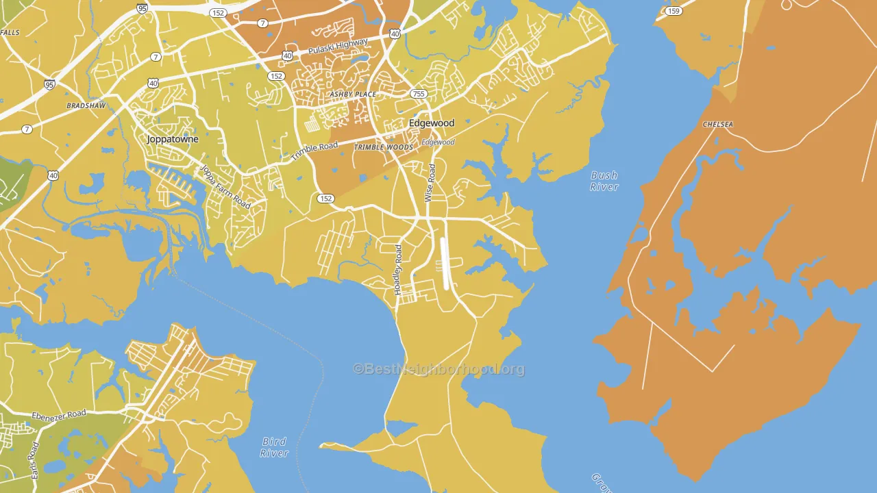 Map of the best neighborhoods in the Gunpowder area, with better matches in green and worse matches in red