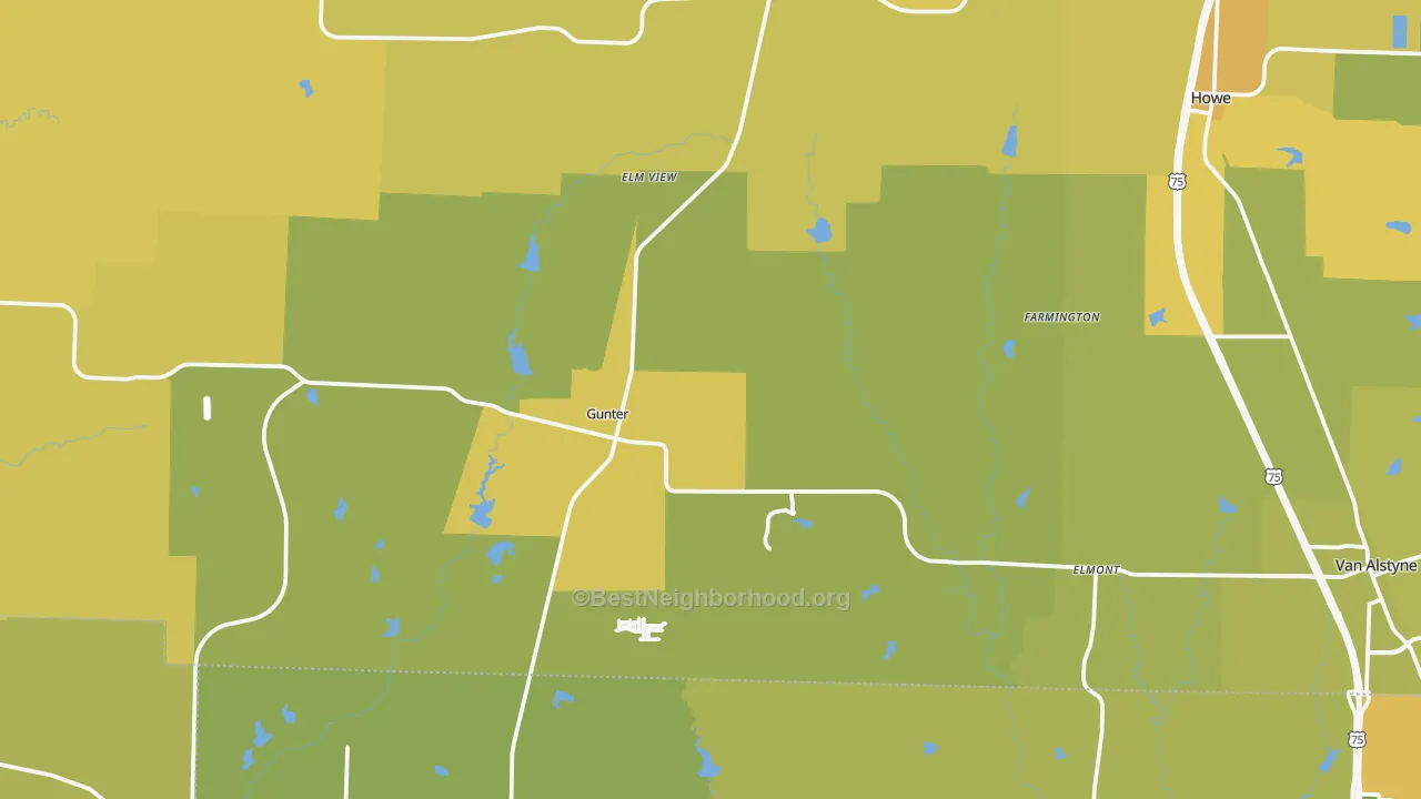 Map of the best neighborhoods in the Gunter area, with better matches in green and worse matches in red