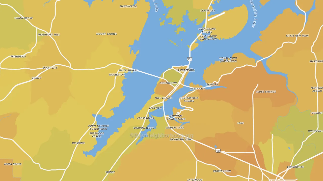 Map of the best neighborhoods in the Guntersville area, with better matches in green and worse matches in red