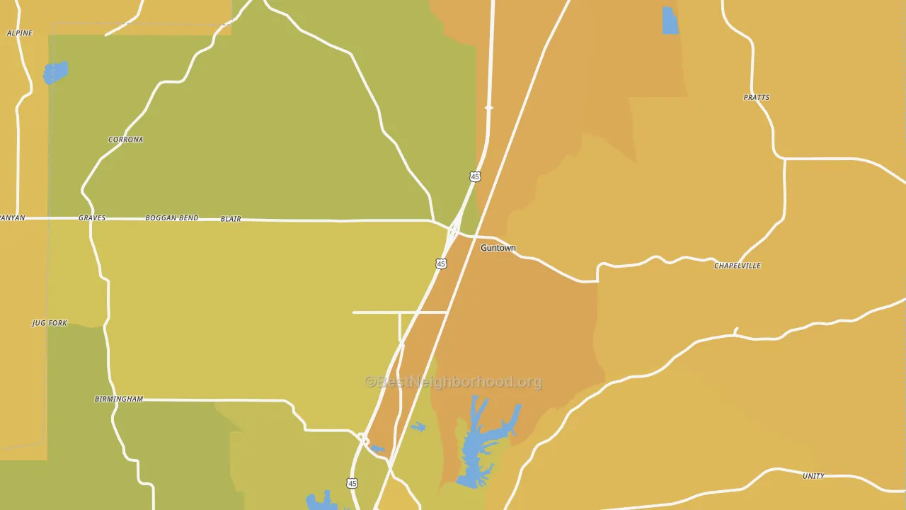 Map of the best neighborhoods in the Guntown area, with better matches in green and worse matches in red