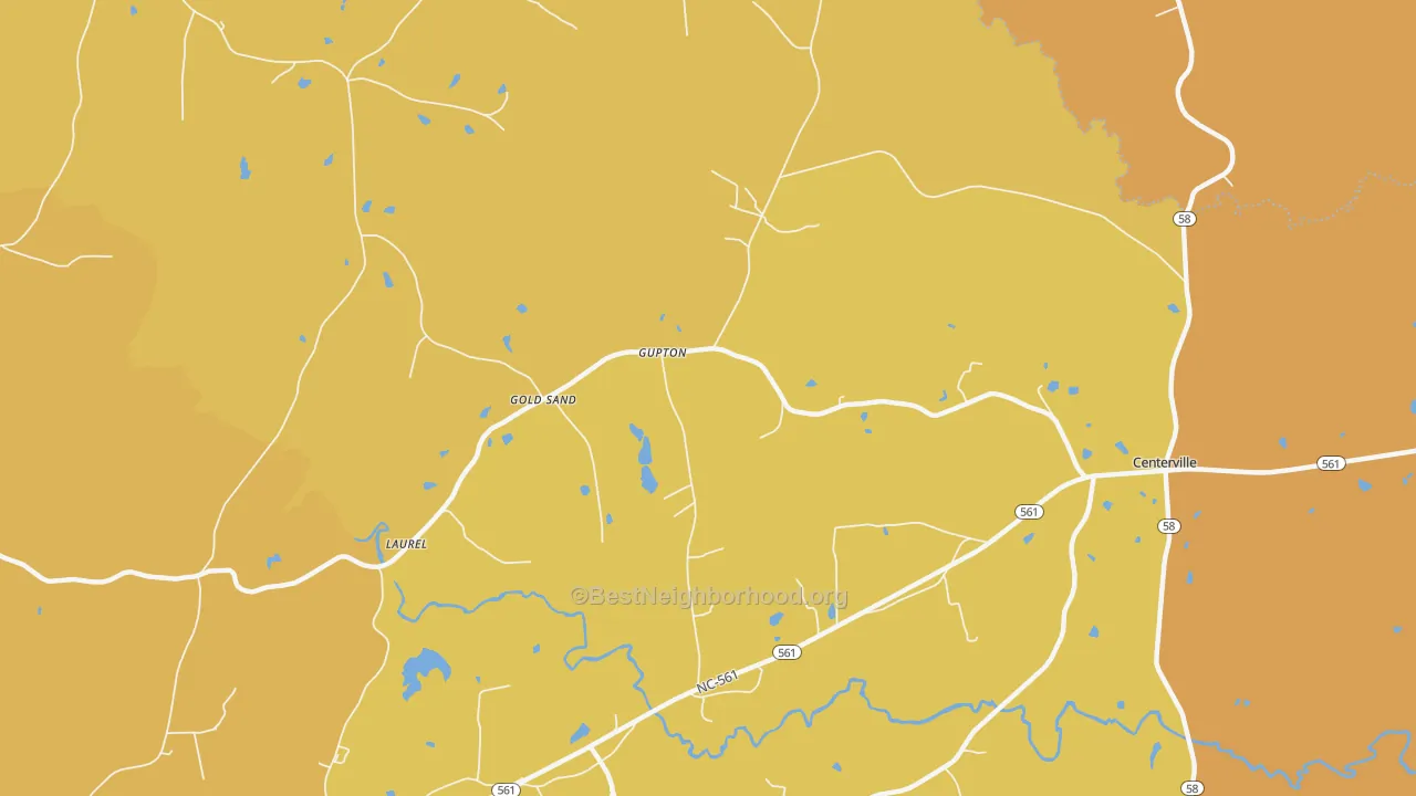 Map of the best neighborhoods in the Gupton area, with better matches in green and worse matches in red