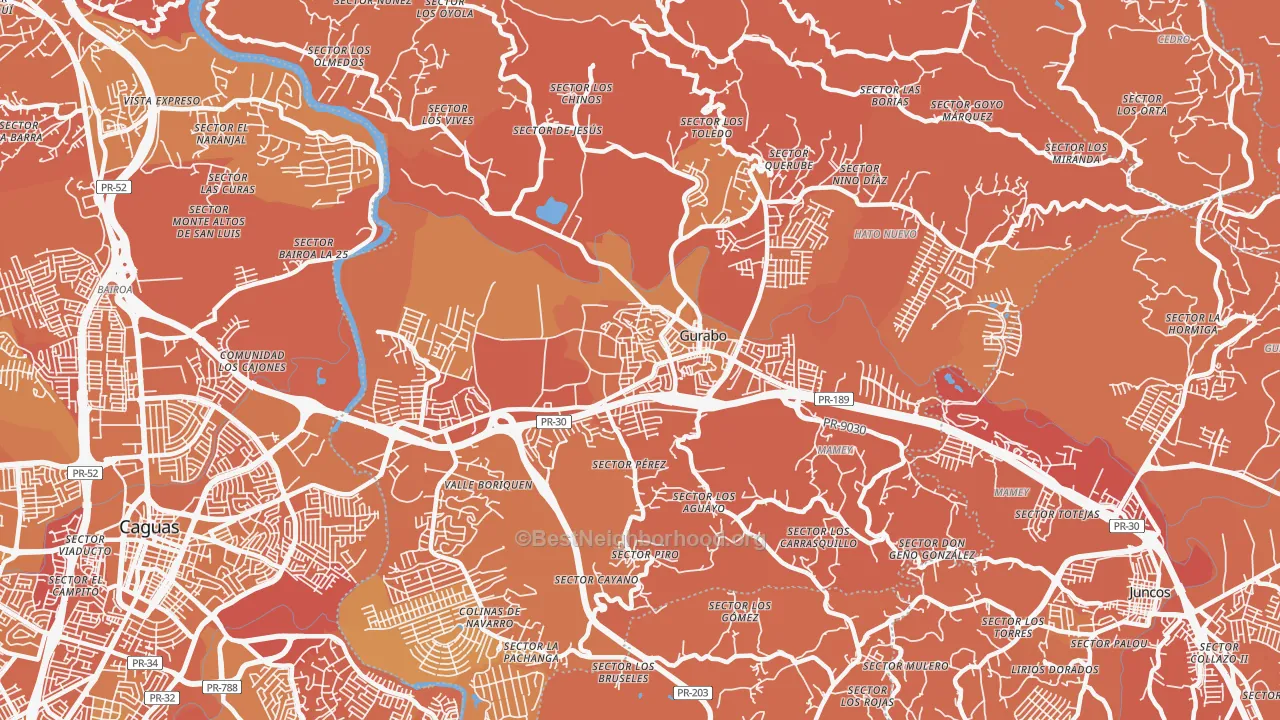 Map of the best neighborhoods in the Gurabo Municipio area, with better matches in green and worse matches in red