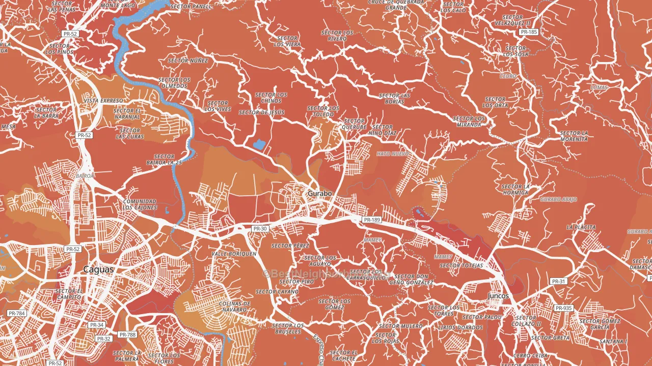 Map of the best neighborhoods in the Gurabo area, with better matches in green and worse matches in red
