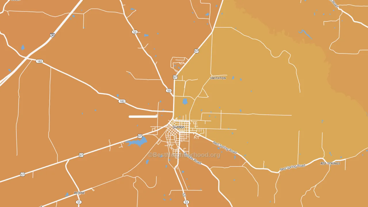 Map of the best neighborhoods in the Gurdon area, with better matches in green and worse matches in red