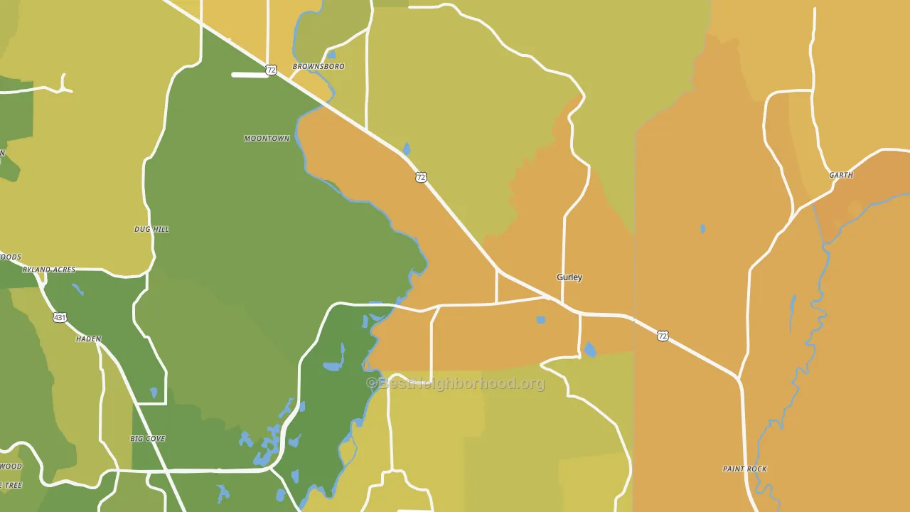 Map of the best neighborhoods in the Gurley area, with better matches in green and worse matches in red