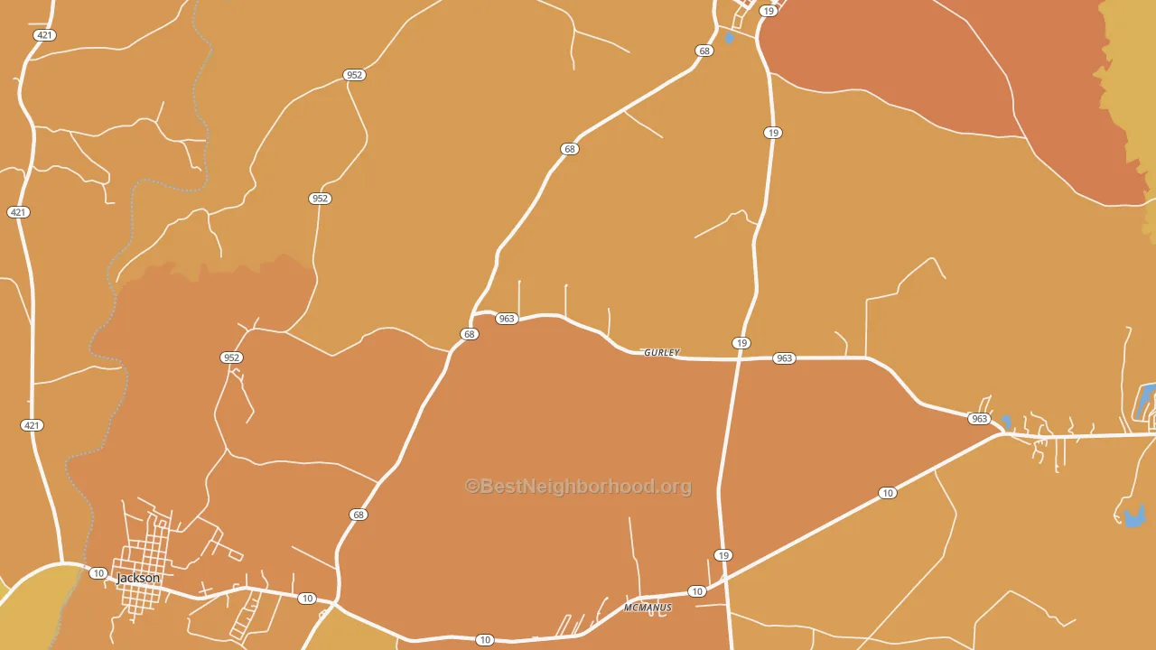 Map of the best neighborhoods in the Gurley area, with better matches in green and worse matches in red