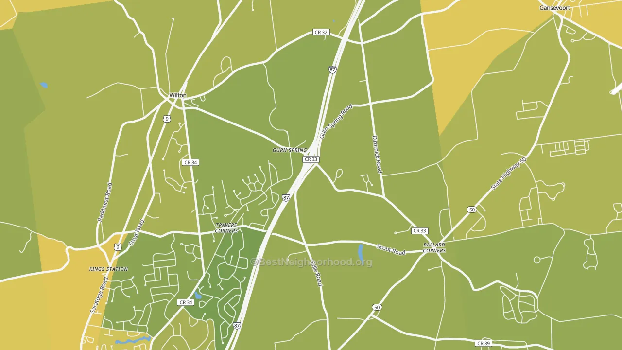 Map of the best neighborhoods in the Gurn Spring area, with better matches in green and worse matches in red