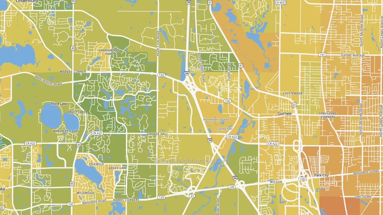 Map of the best neighborhoods in the Gurnee area, with better matches in green and worse matches in red