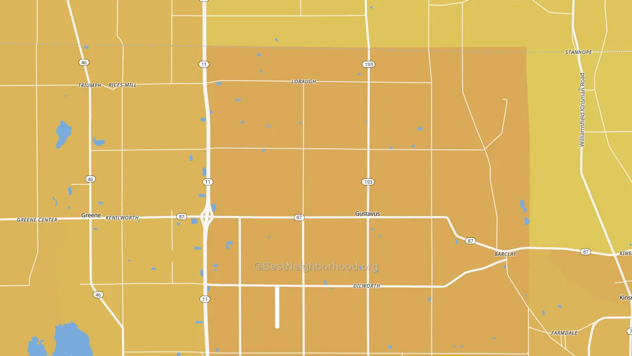 Map of the best neighborhoods in the Gustavus area, with better matches in green and worse matches in red