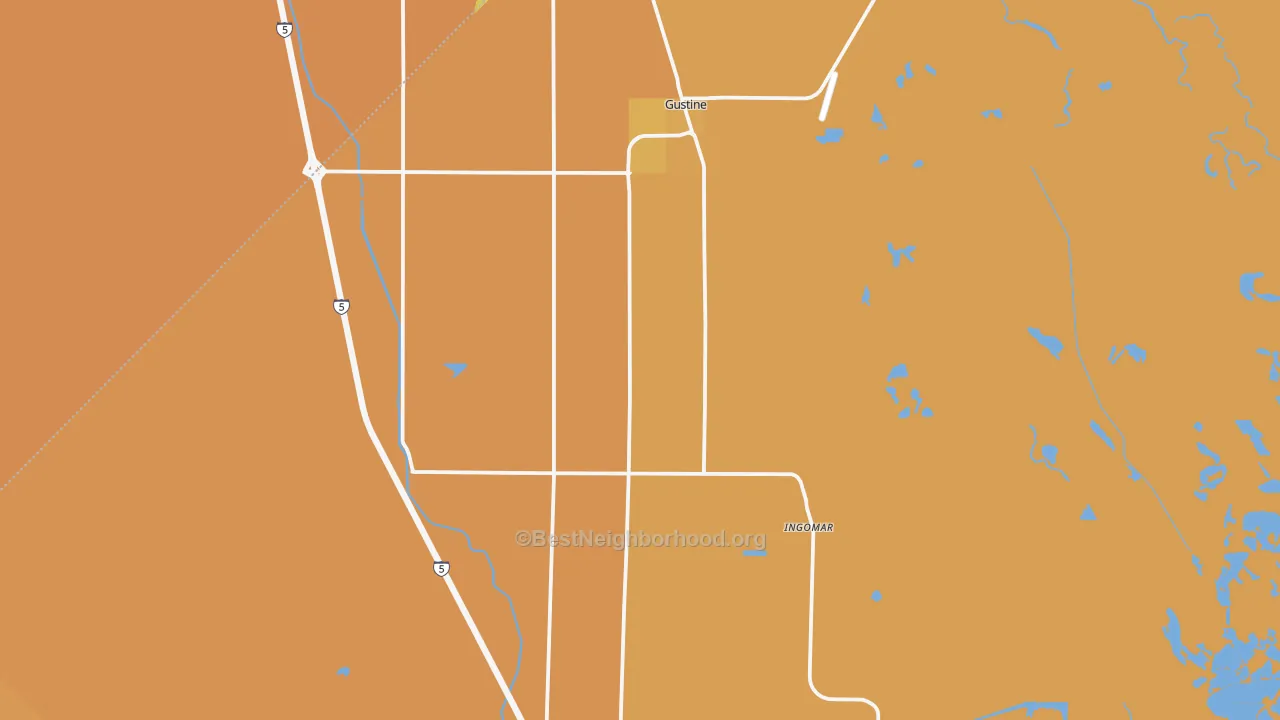 Map of the best neighborhoods in the Gustine area, with better matches in green and worse matches in red