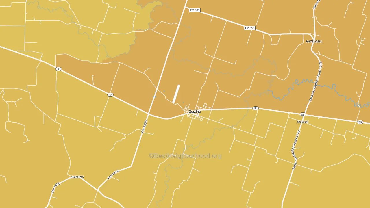 Map of the best neighborhoods in the Gustine area, with better matches in green and worse matches in red
