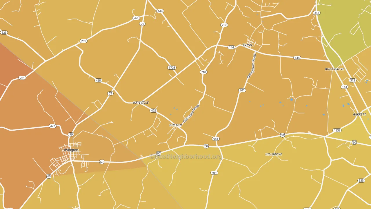 Map of the best neighborhoods in the Guston area, with better matches in green and worse matches in red