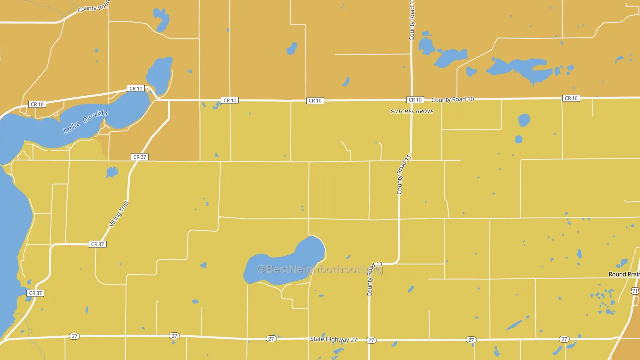 Map of the best neighborhoods in the Gutches Grove area, with better matches in green and worse matches in red