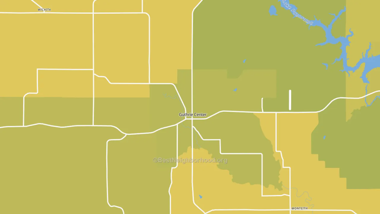 Map of the best neighborhoods in the Guthrie Center area, with better matches in green and worse matches in red