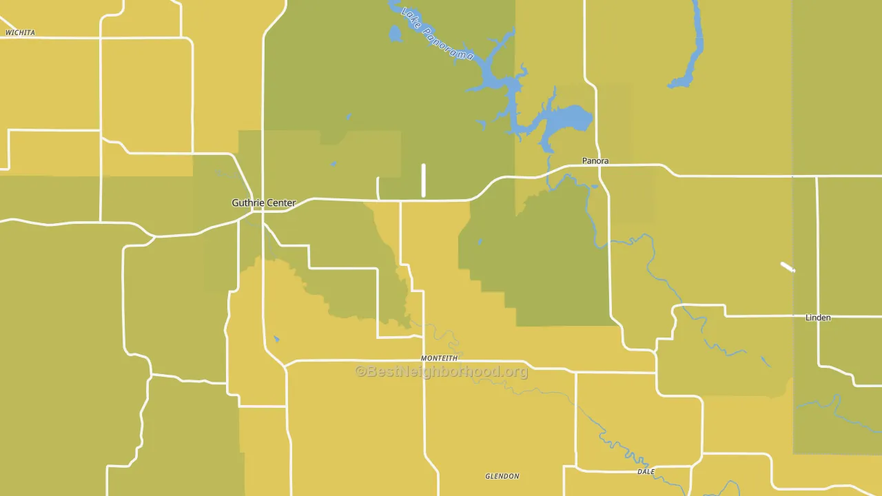 Map of the best neighborhoods in the Guthrie County area, with better matches in green and worse matches in red