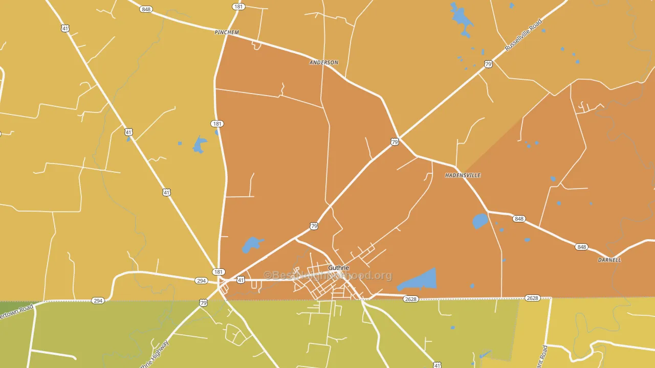 Map of the best neighborhoods in the Guthrie area, with better matches in green and worse matches in red