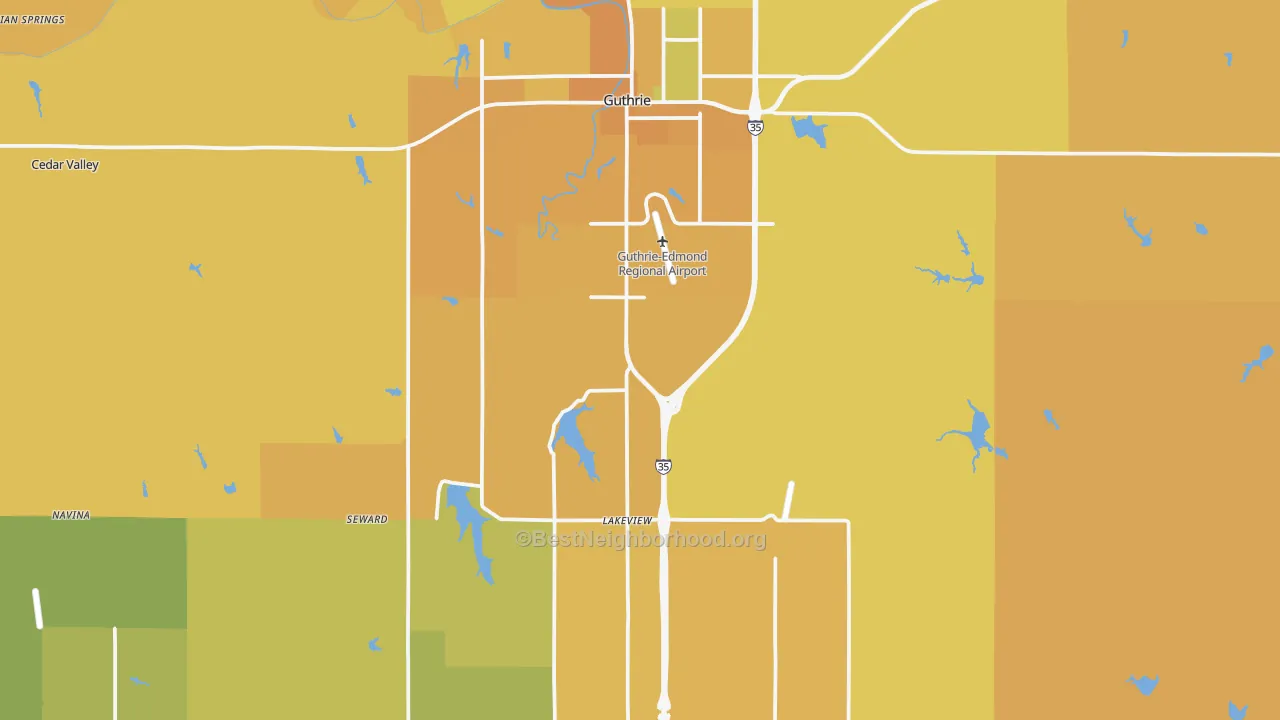 Map of the best neighborhoods in the Guthrie area, with better matches in green and worse matches in red