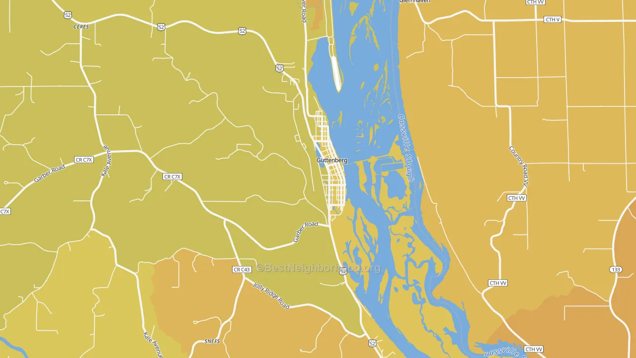 Map of the best neighborhoods in the Guttenberg area, with better matches in green and worse matches in red
