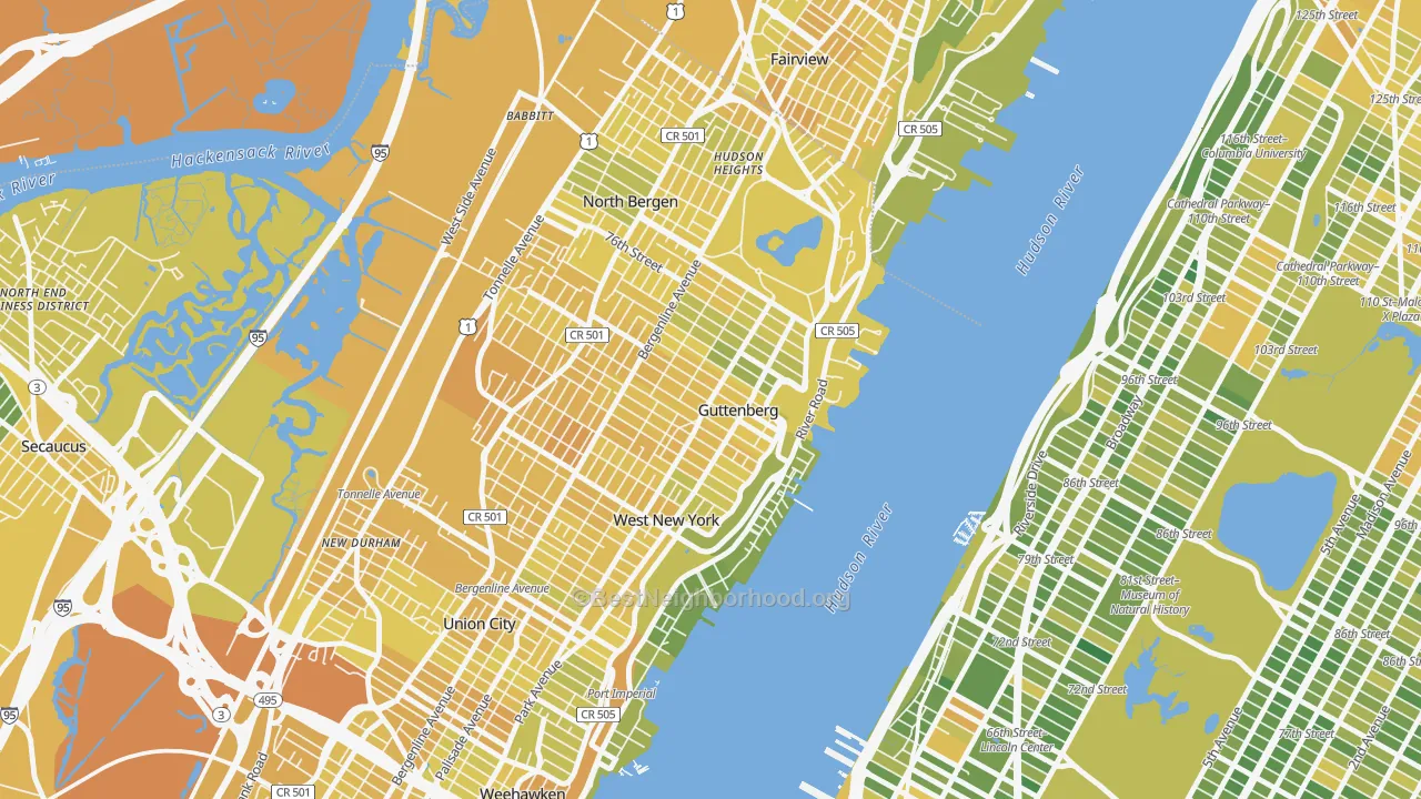 Map of the best neighborhoods in the Guttenberg area, with better matches in green and worse matches in red